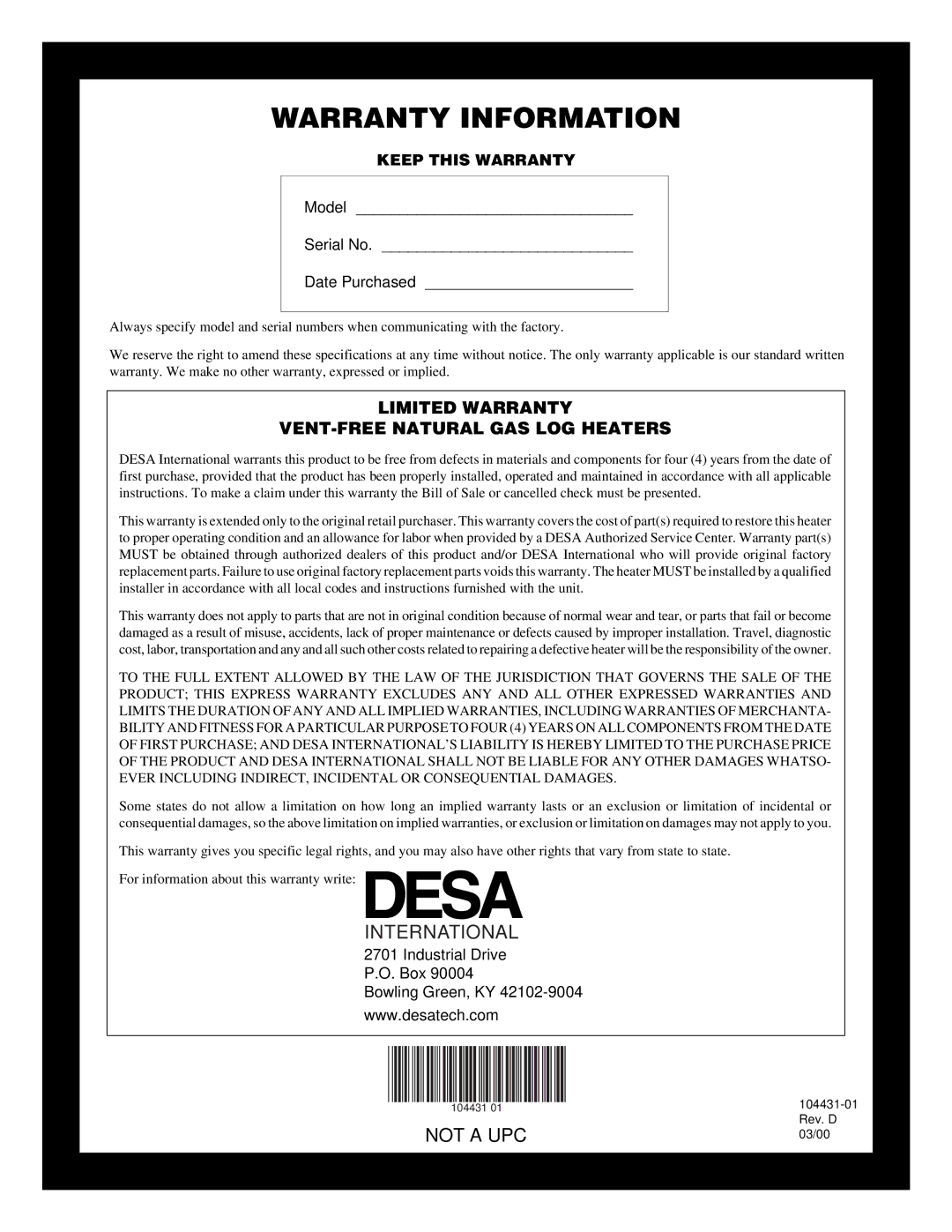 Vanguard Heating VMH3000TN installation manual Warranty Information, International 