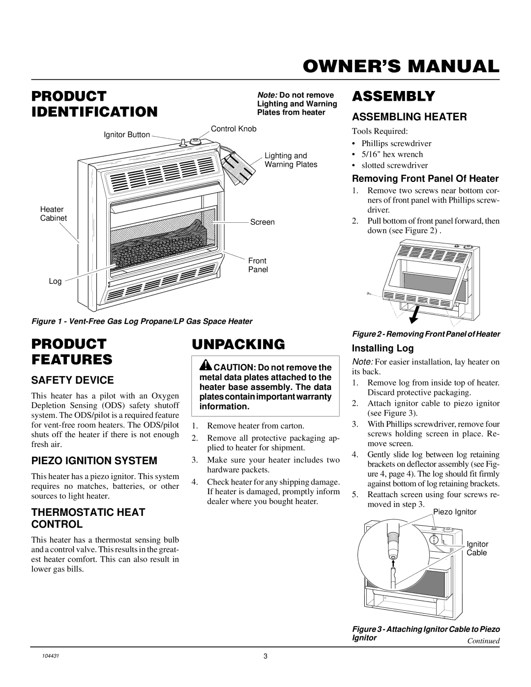 Vanguard Heating VMH3000TN installation manual Product Identification, Assembly, Product Features, Unpacking 