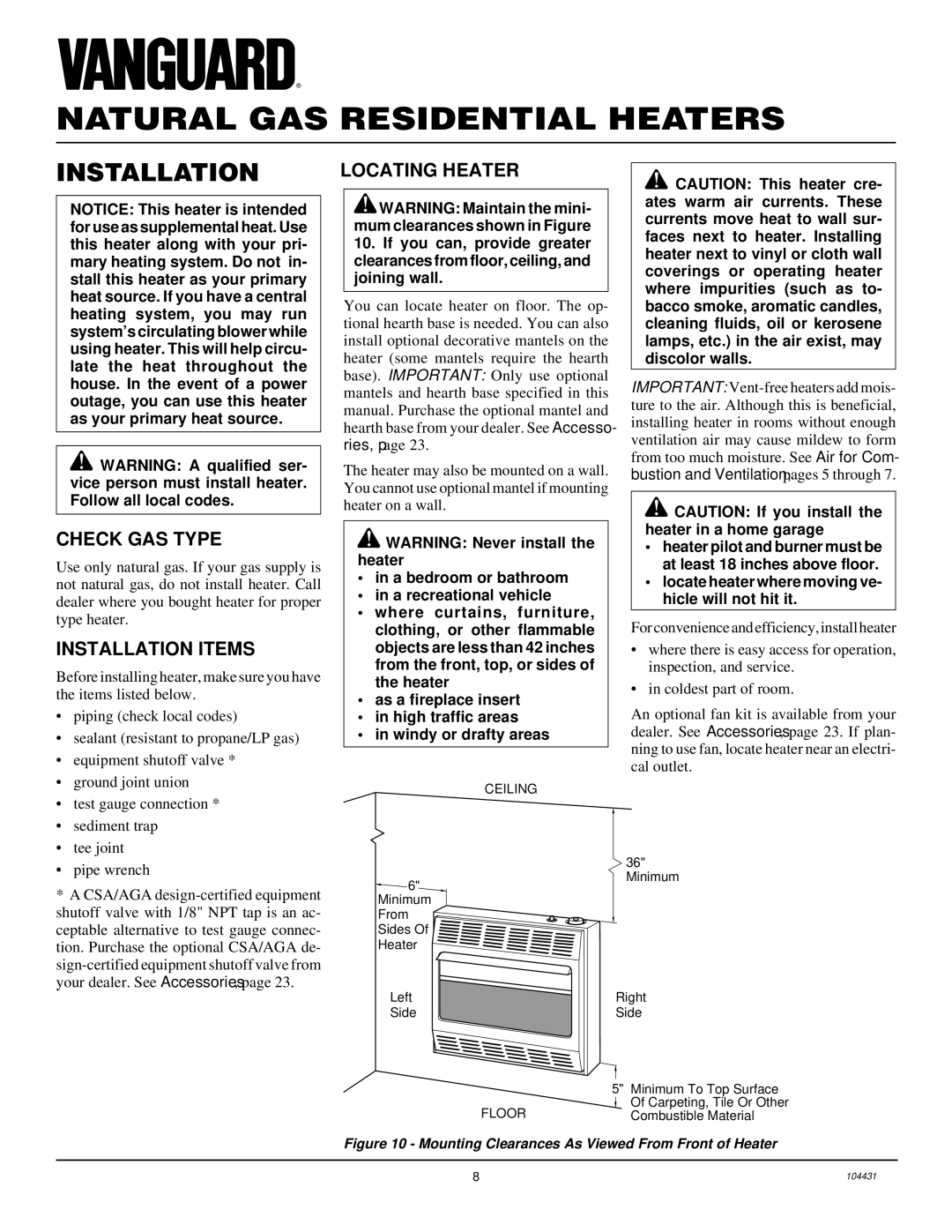 Vanguard Heating VMH3000TN installation manual Check GAS Type, Installation Items, Locating Heater 