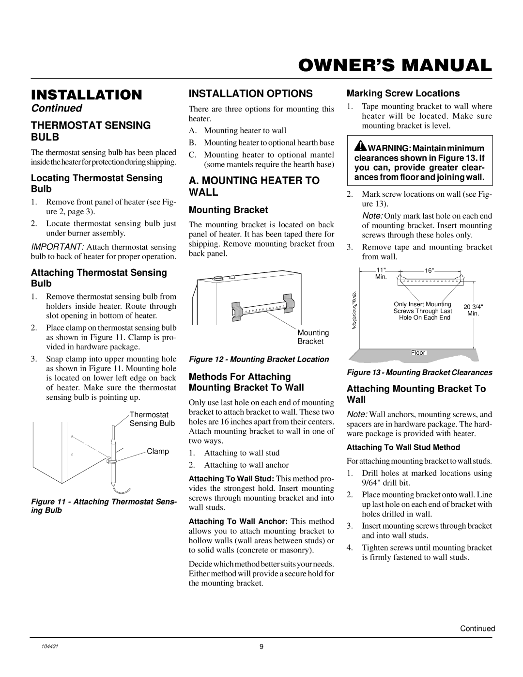 Vanguard Heating VMH3000TN installation manual Thermostat Sensing Bulb, Installation Options, Mounting Heater to Wall 