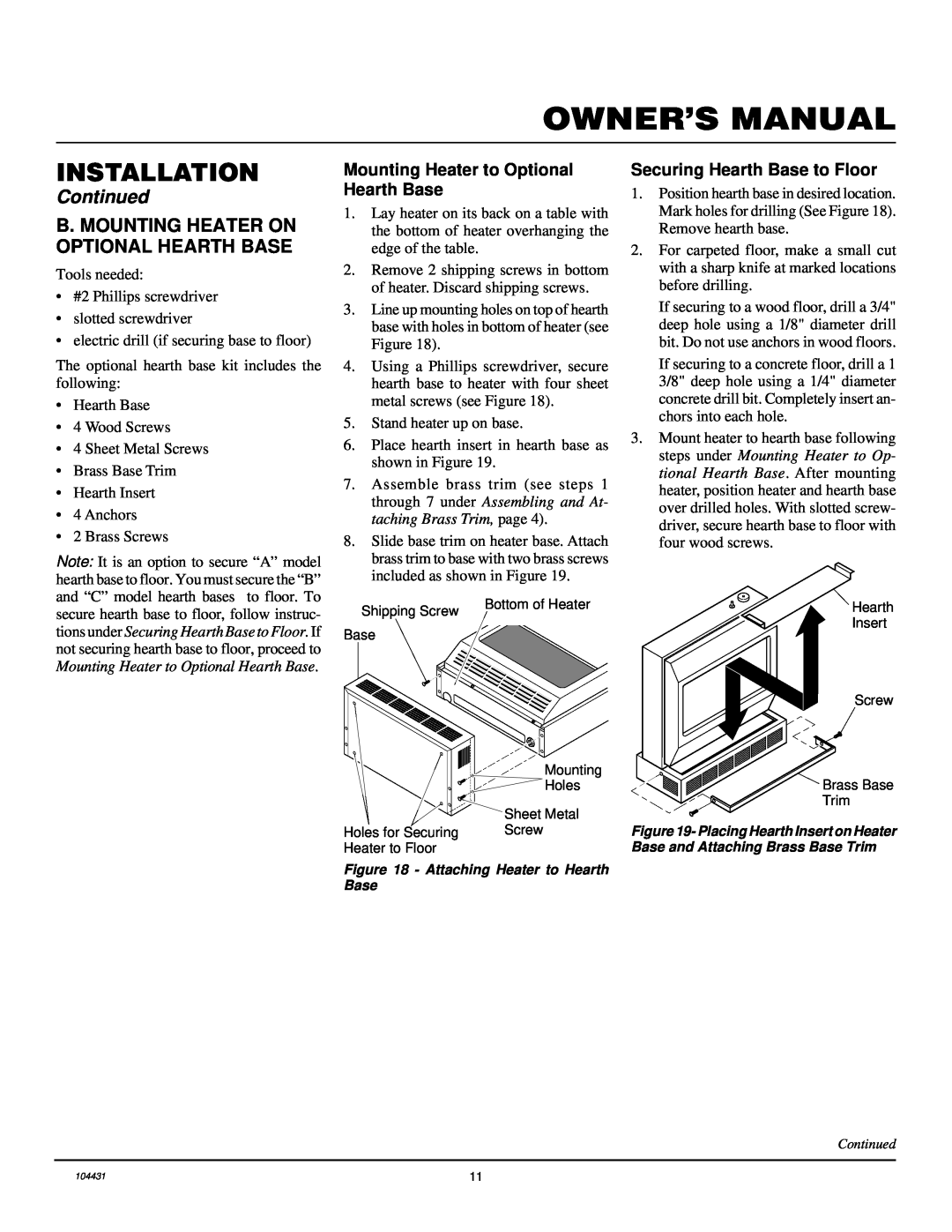 Vanguard Heating VMH3000TN installation manual B. Mounting Heater On Optional Hearth Base, Installation, Continued 