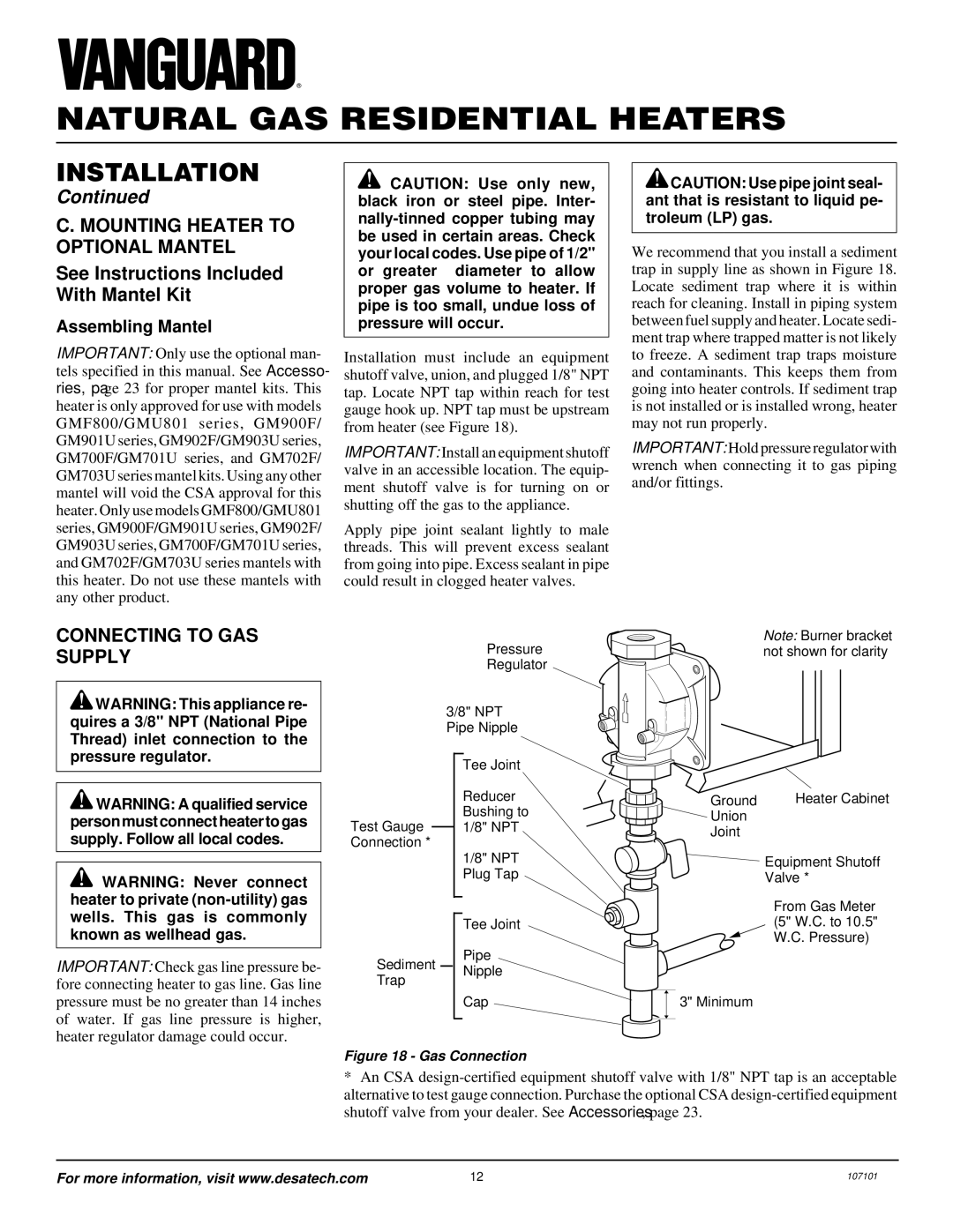 Vanguard Heating VMH3000TNSA Mounting Heater to Optional Mantel, Connecting to GAS Supply, Assembling Mantel 