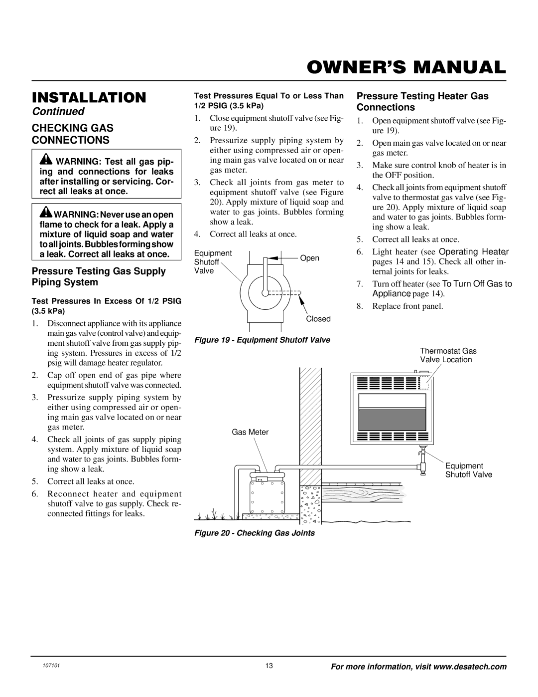 Vanguard Heating VMH3000TNSA installation manual Checking GAS Connections, Pressure Testing Gas Supply Piping System 