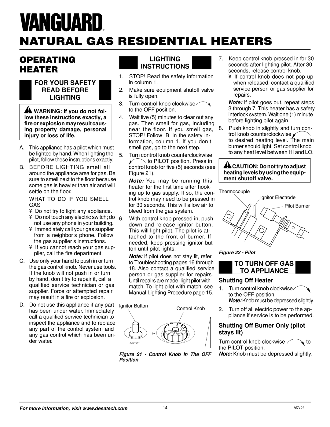 Vanguard Heating VMH3000TNSA Operating Heater, For Your Safety Read Before Lighting, Lighting Instructions 