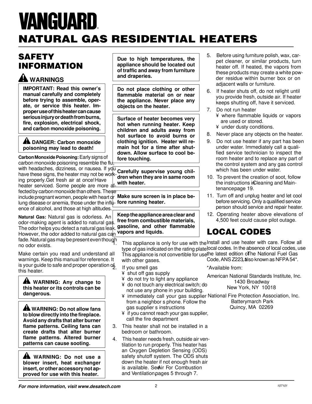 Vanguard Heating VMH3000TNSA installation manual Safety Information, Local Codes 