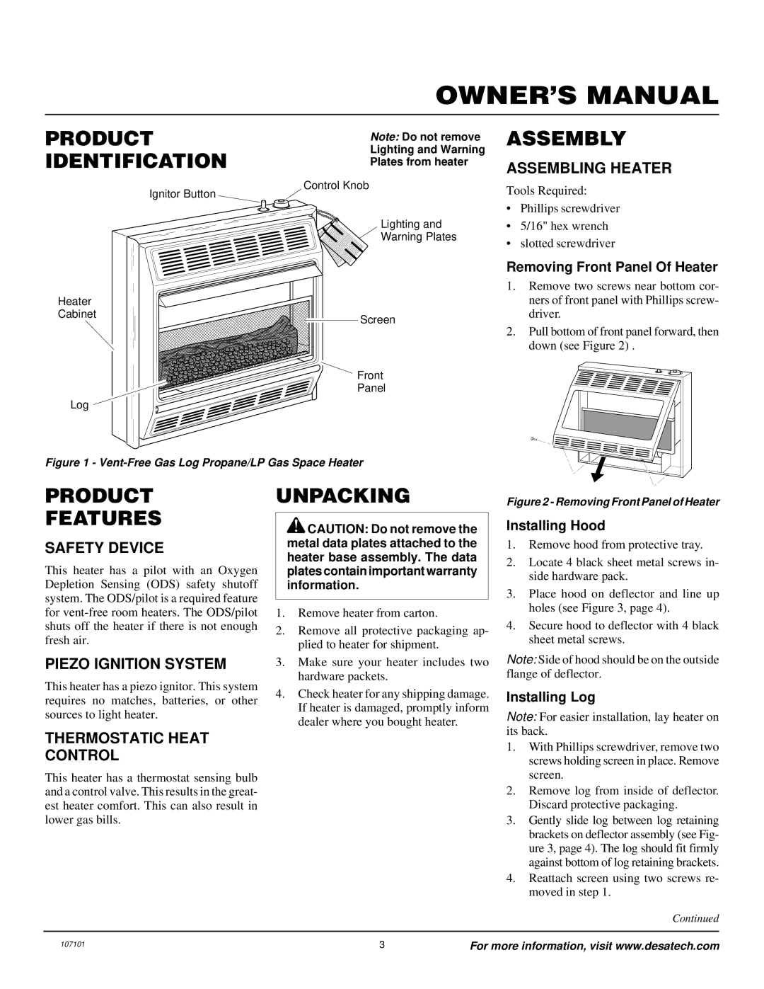 Vanguard Heating VMH3000TNSA installation manual Product Identification, Assembly, Product Features, Unpacking 