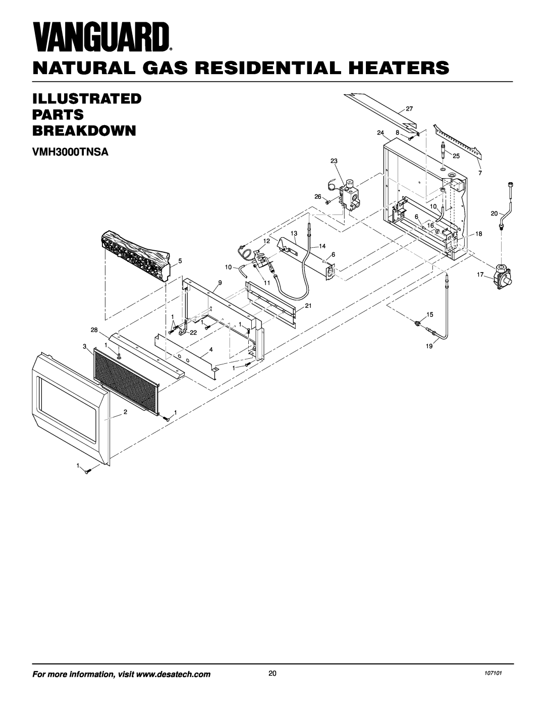 Vanguard Heating VMH3000TNSA installation manual Illustrated Parts Breakdown, Natural Gas Residential Heaters, 107101 