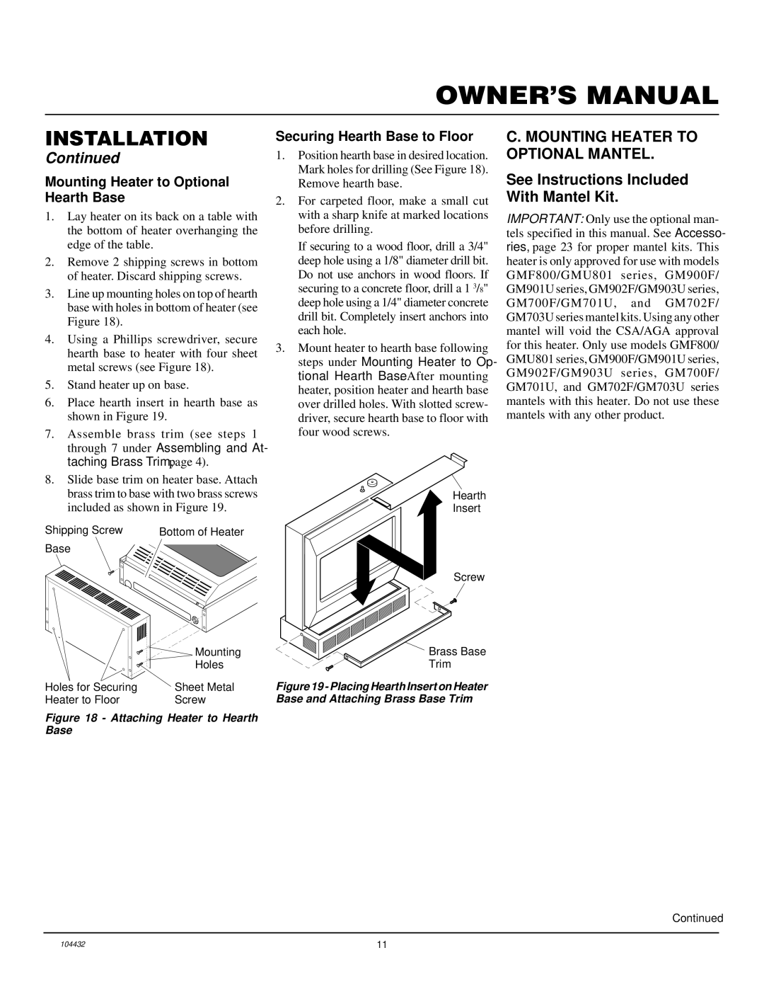 Vanguard Heating VMH3000TP installation manual Mounting Heater to Optional Mantel, Mounting Heater to Optional Hearth Base 