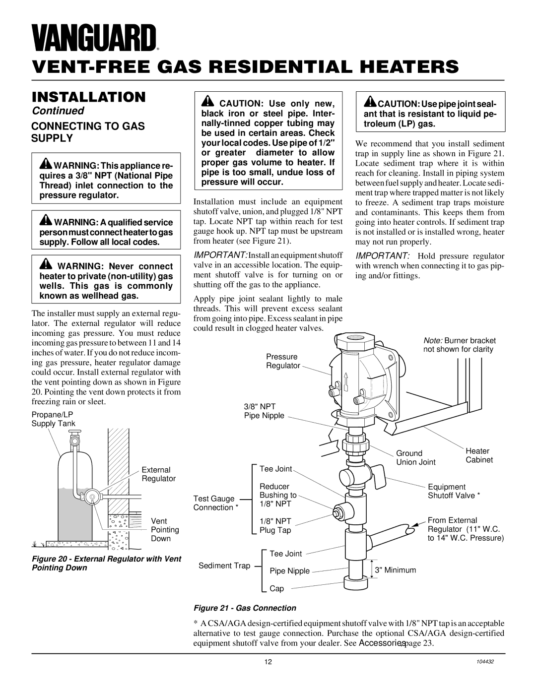 Vanguard Heating VMH3000TP installation manual Connecting to GAS Supply, External Regulator with Vent Pointing Down 