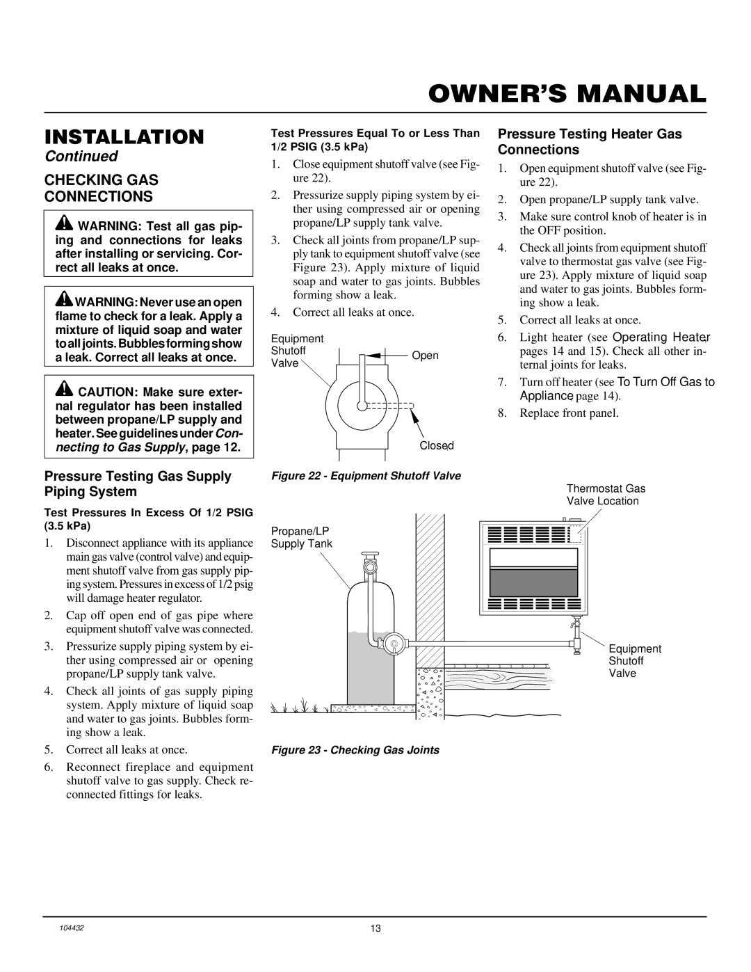 Vanguard Heating VMH3000TP installation manual Checking GAS Connections, Pressure Testing Gas Supply Piping System 