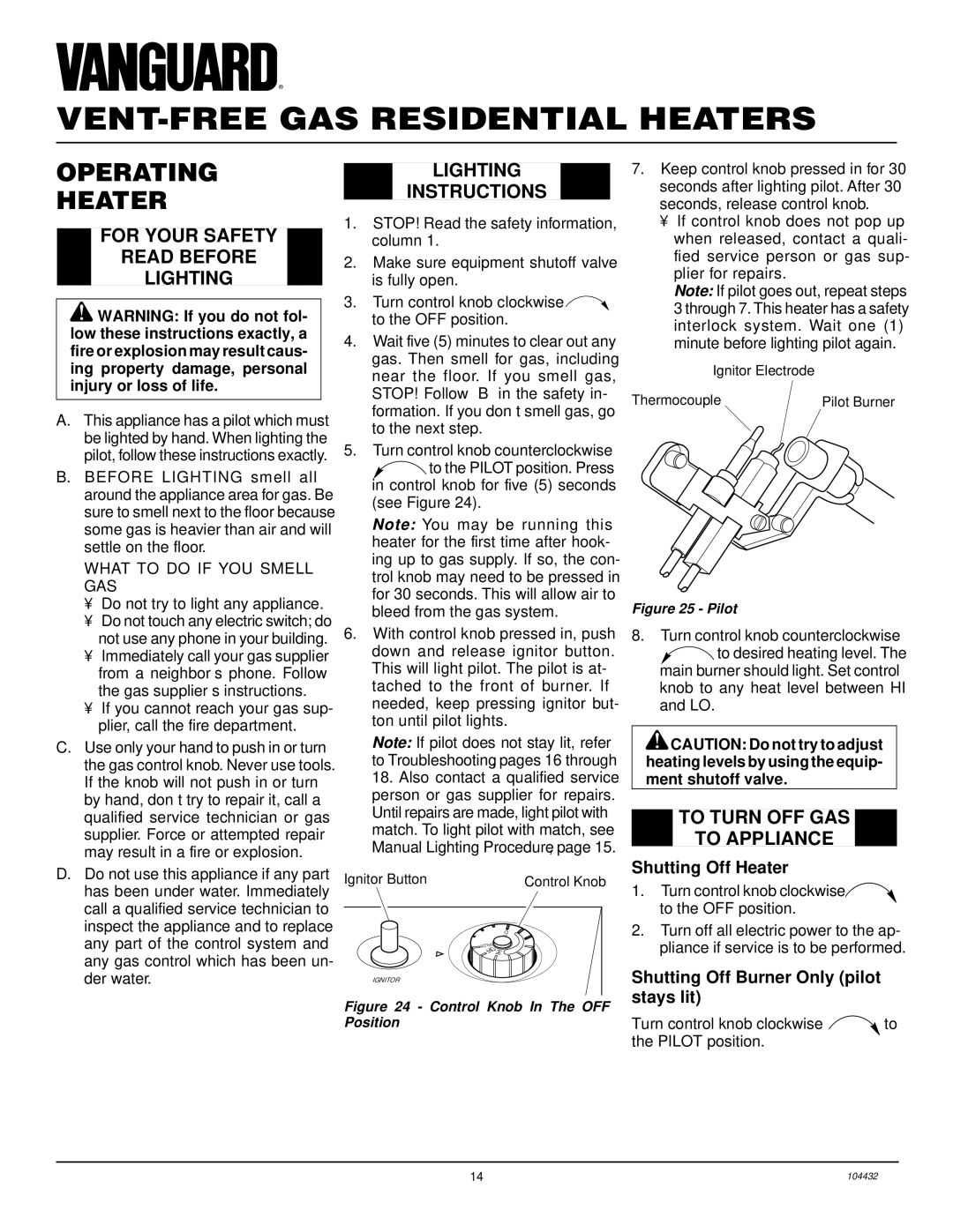 Vanguard Heating VMH3000TP Operating Heater, For Your Safety Read Before Lighting, Lighting Instructions 