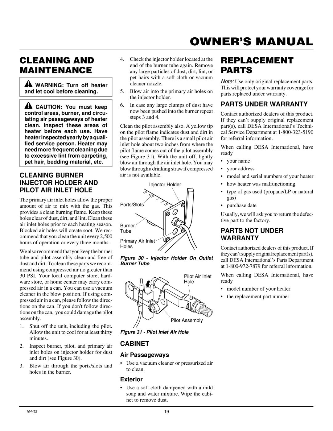 Vanguard Heating VMH3000TP installation manual Cleaning and Maintenance, Replacement Parts 