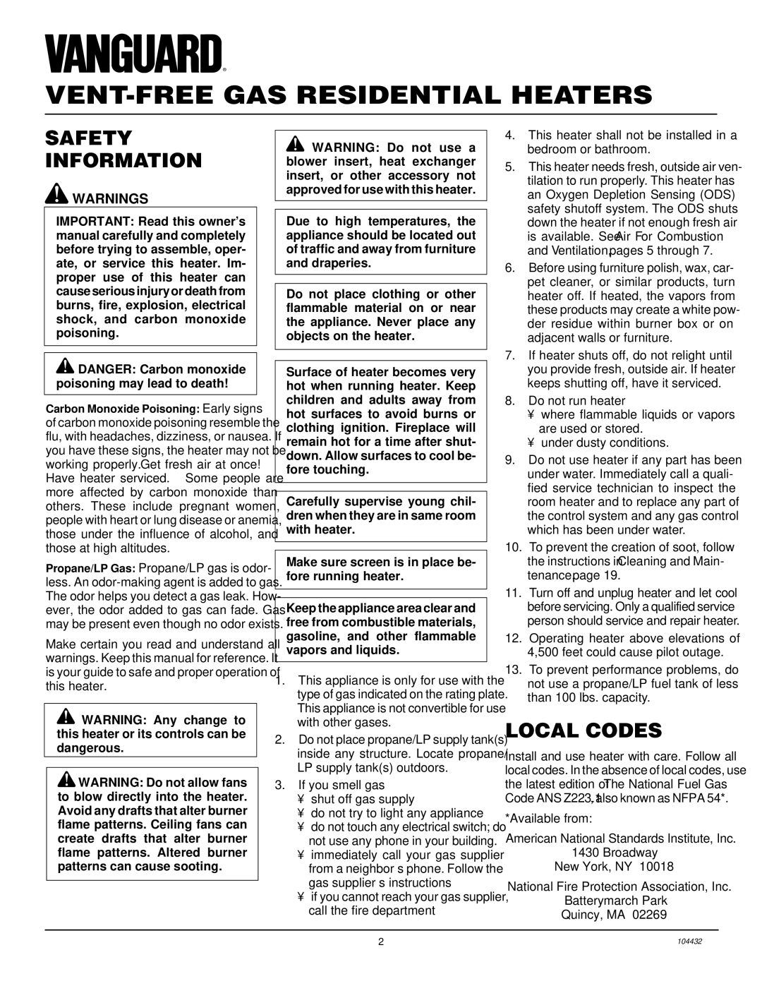 Vanguard Heating VMH3000TP installation manual Safety Information, Local Codes 