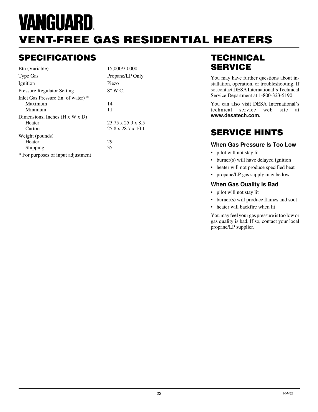 Vanguard Heating VMH3000TP Specifications, Technical Service, Service Hints, When Gas Pressure Is Too Low 