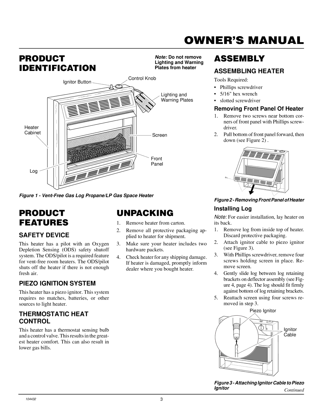 Vanguard Heating VMH3000TP installation manual Product Identification, Assembly, Product Features, Unpacking 