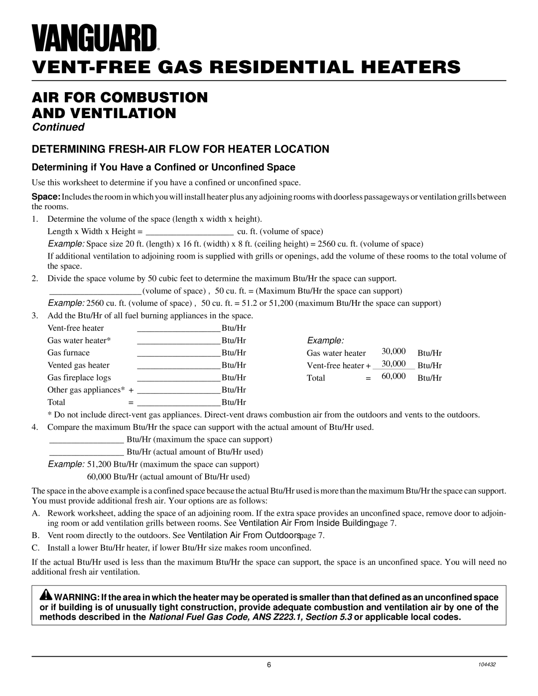 Vanguard Heating VMH3000TP AIR for Combustion Ventilation, Determining FRESH-AIR Flow for Heater Location 