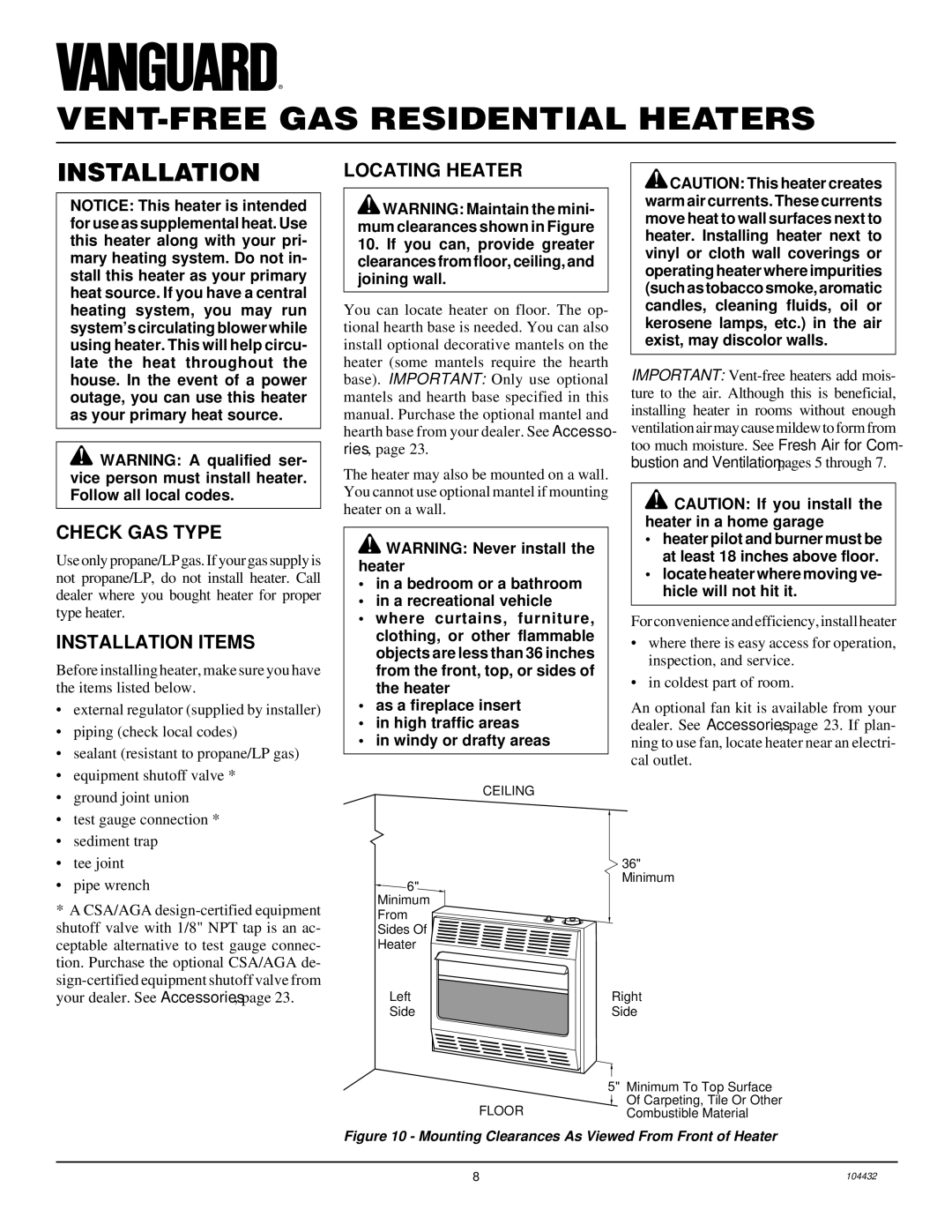 Vanguard Heating VMH3000TP installation manual Check GAS Type, Installation Items, Locating Heater 