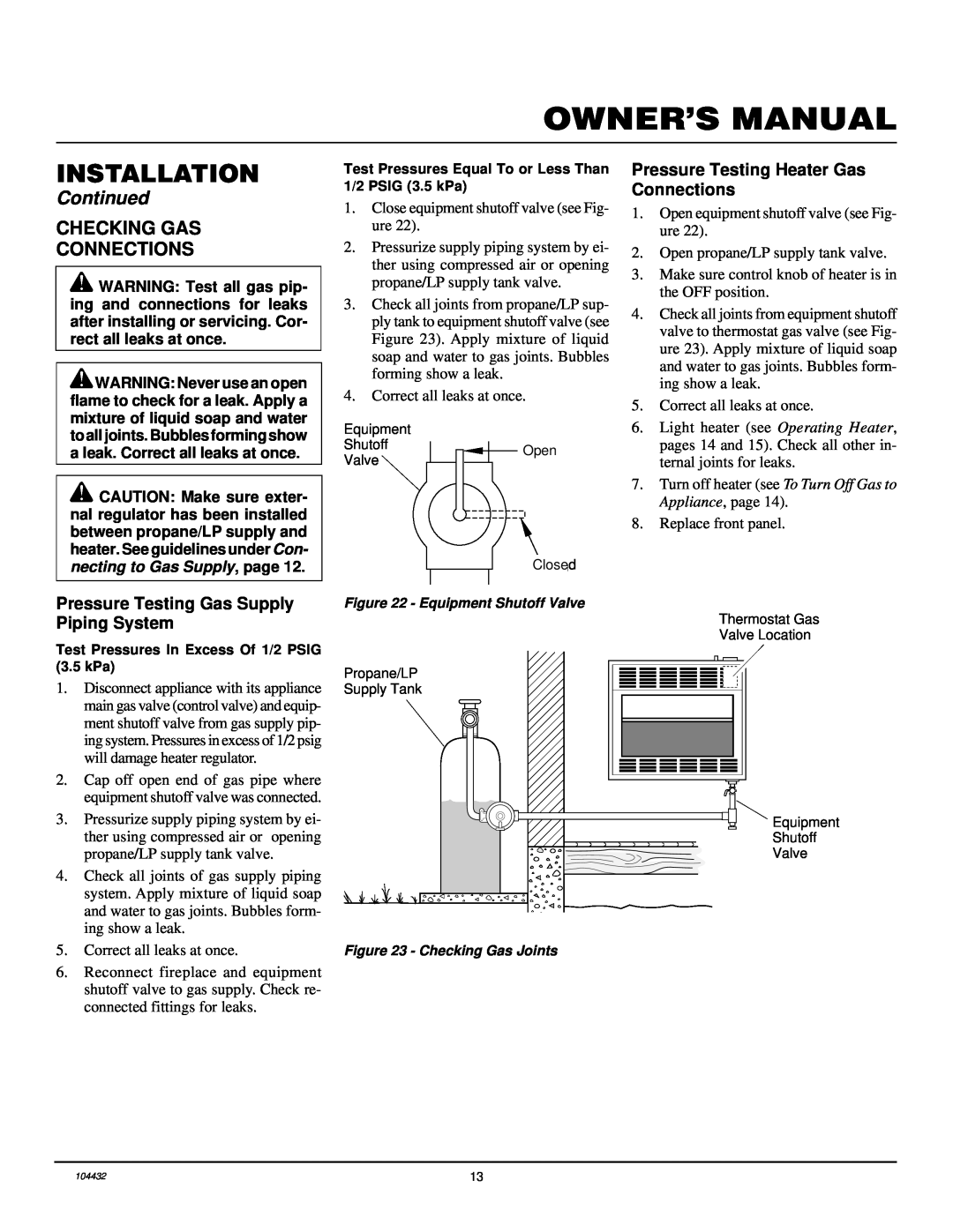 Vanguard Heating VMH3000TP installation manual Installation, Continued, Pressure Testing Gas Supply Piping System 