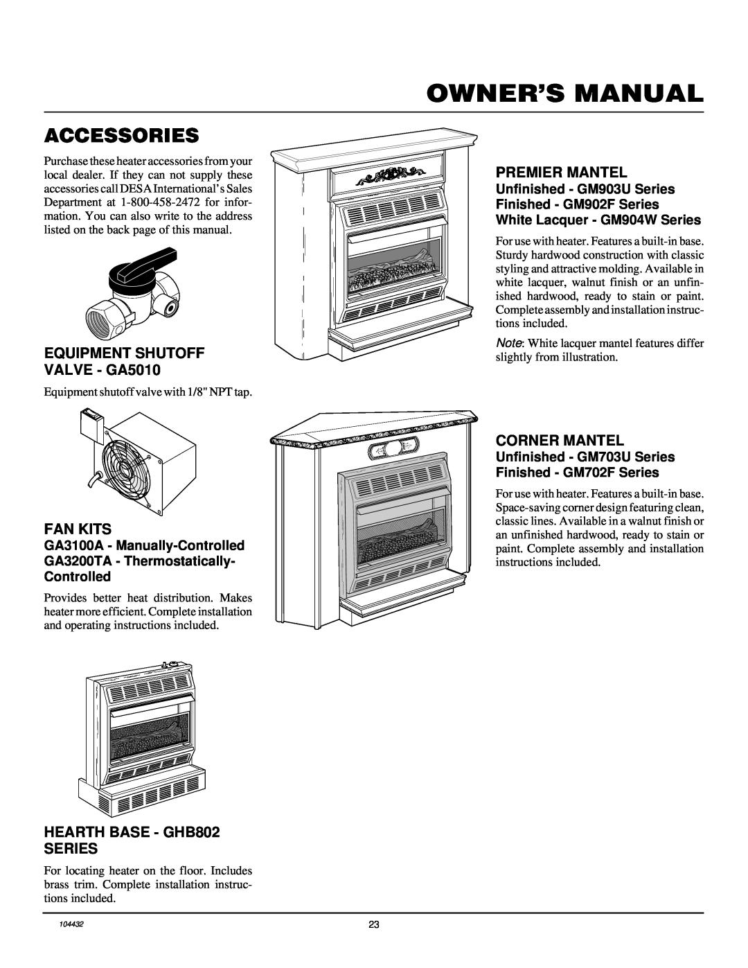 Vanguard Heating VMH3000TP Accessories, Owner’S Manual, GA3100A - Manually-Controlled, Unfinished - GM903U Series 