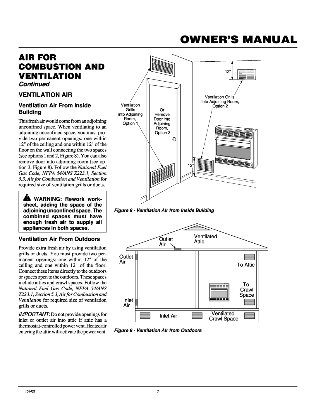 Vanguard Heating VMH3000TP Owner’S Manual, Air For Combustion And Ventilation, Continued, Ventilation Air From Outdoors 