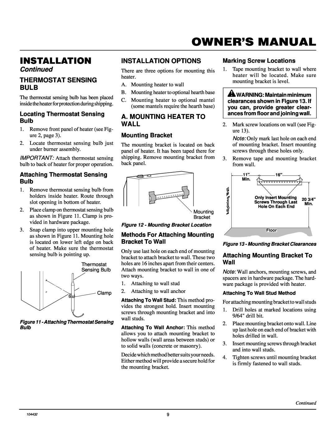 Vanguard Heating VMH3000TP Owner’S Manual, Installation, Continued, Locating Thermostat Sensing Bulb, Mounting Bracket 