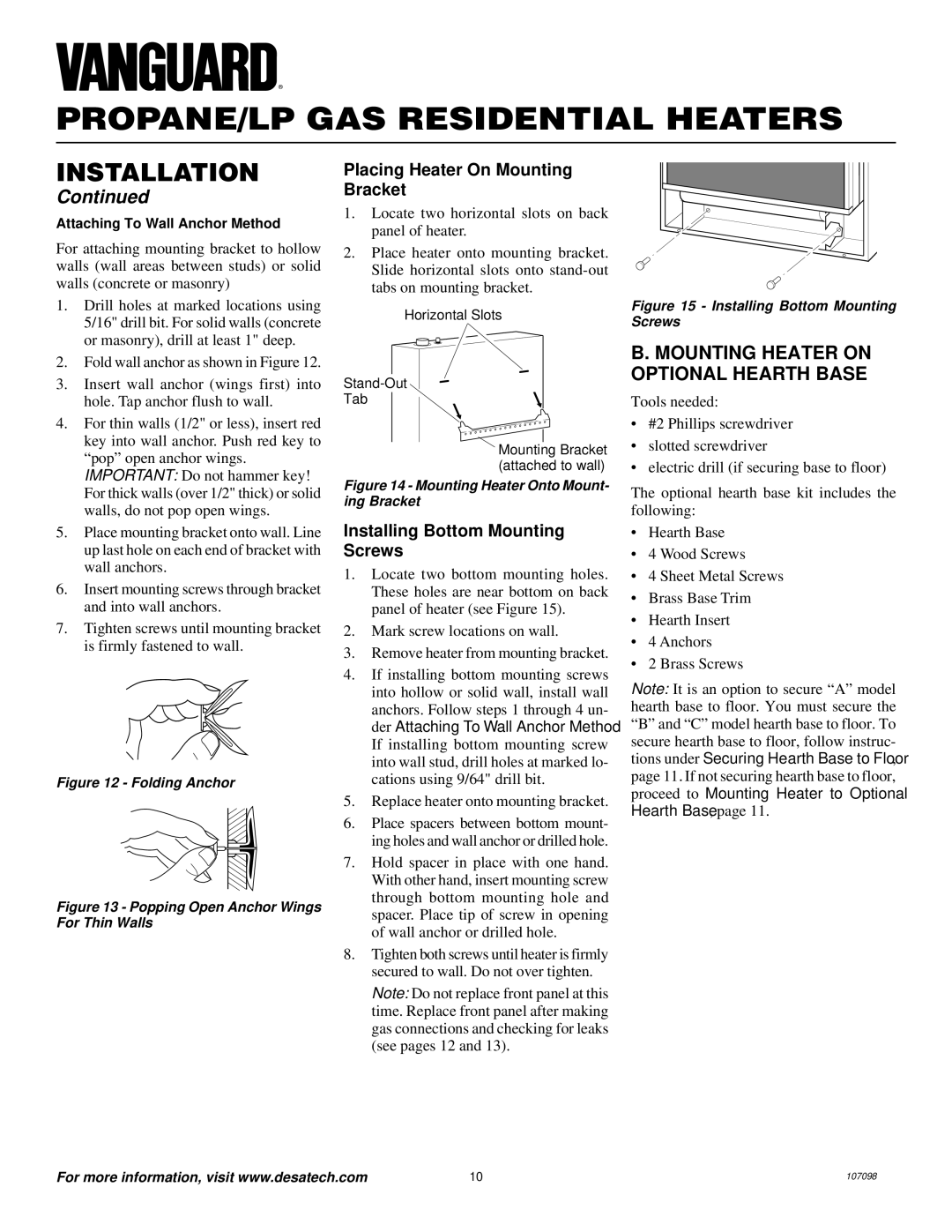 Vanguard Heating VMH3000TPA installation manual Mounting Heater on Optional Hearth Base, Placing Heater On Mounting Bracket 