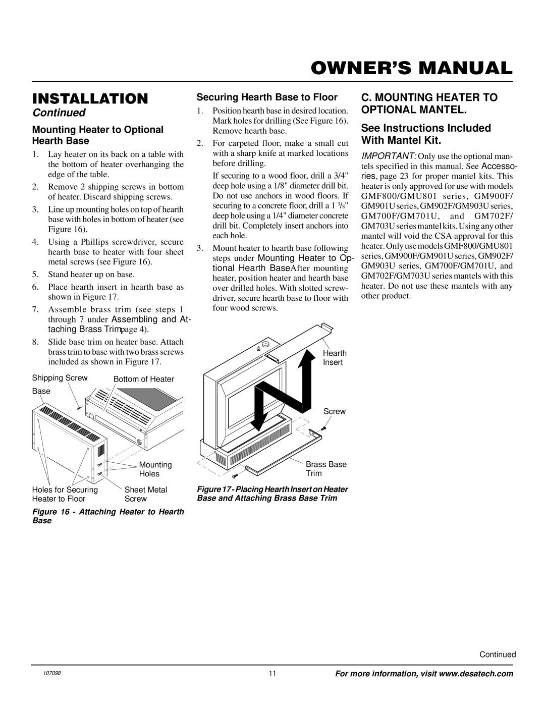 Vanguard Heating VMH3000TPA installation manual Mounting Heater to Optional Mantel, Mounting Heater to Optional Hearth Base 