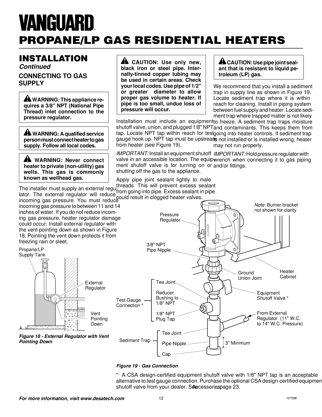 Vanguard Heating VMH3000TPA installation manual Connecting to GAS Supply, External Regulator with Vent Pointing Down 