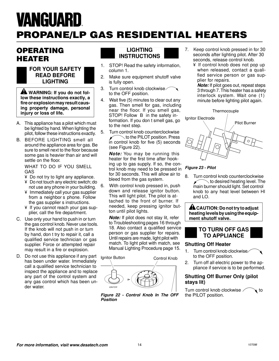 Vanguard Heating VMH3000TPA Operating Heater, For Your Safety Read Before Lighting, Lighting Instructions 