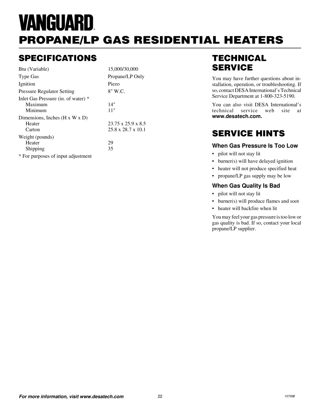 Vanguard Heating VMH3000TPA Specifications, Technical Service, Service Hints, When Gas Pressure Is Too Low 