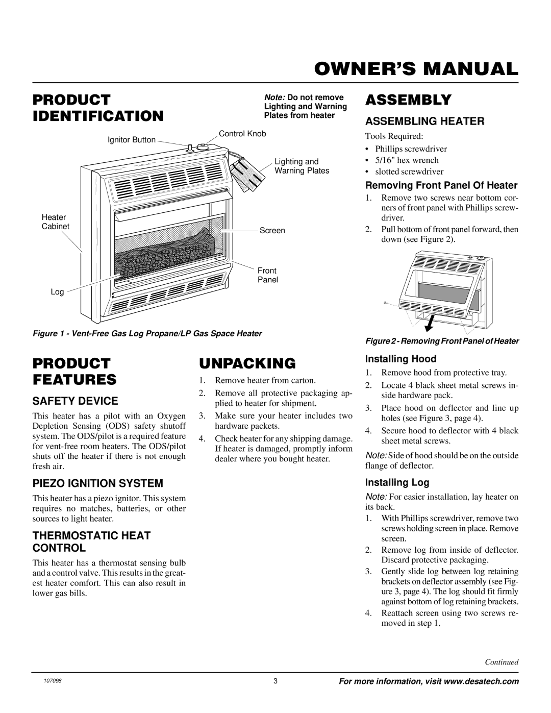 Vanguard Heating VMH3000TPA installation manual Product Identification, Assembly, Product Features, Unpacking 