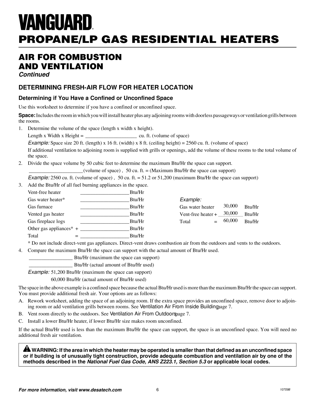 Vanguard Heating VMH3000TPA AIR for Combustion Ventilation, Determining FRESH-AIR Flow for Heater Location 