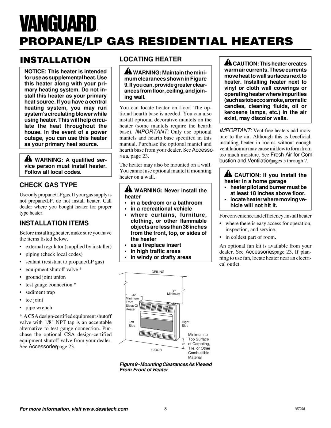 Vanguard Heating VMH3000TPA installation manual Check GAS Type, Installation Items, Locating Heater 