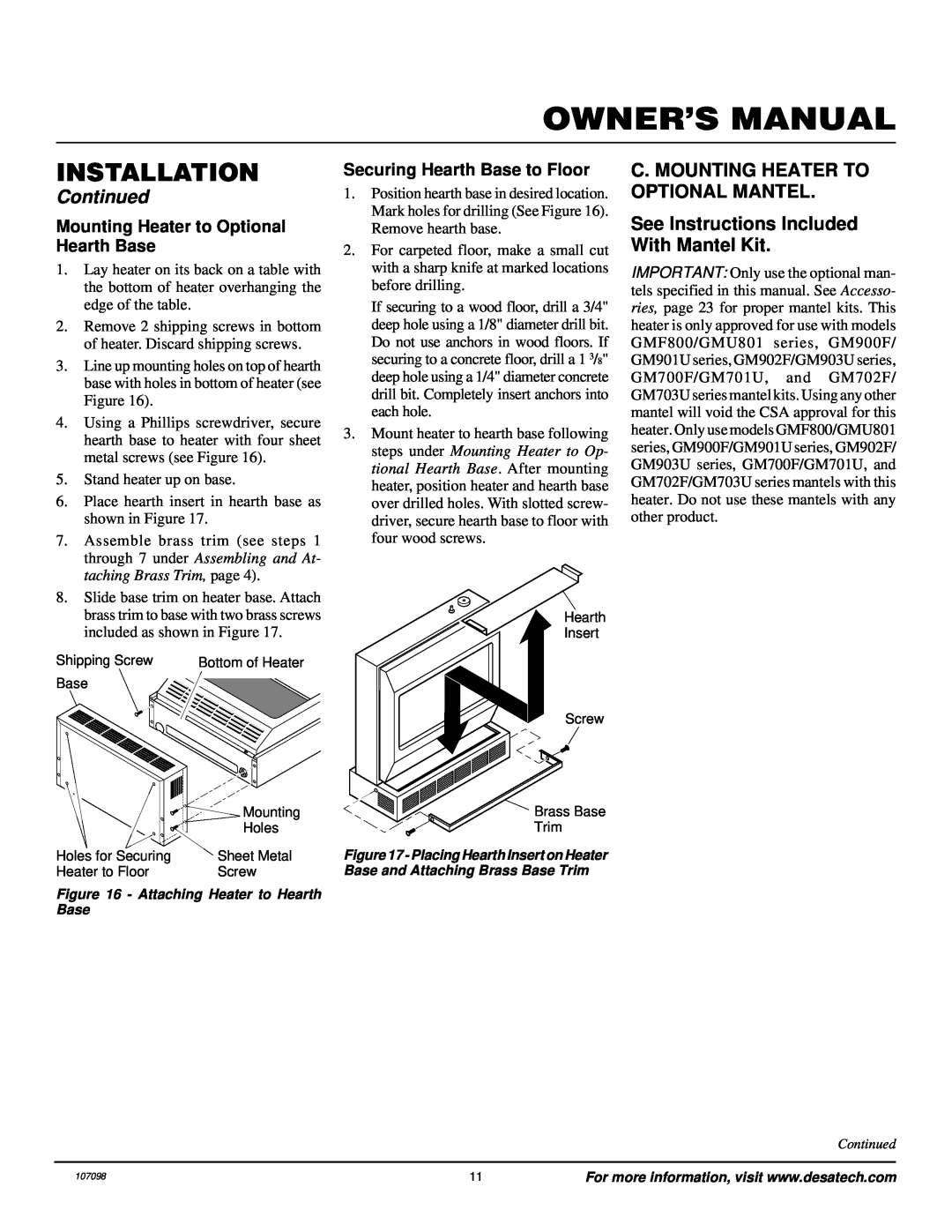 Vanguard Heating VMH3000TPA C. Mounting Heater To Optional Mantel, See Instructions Included With Mantel Kit, Installation 
