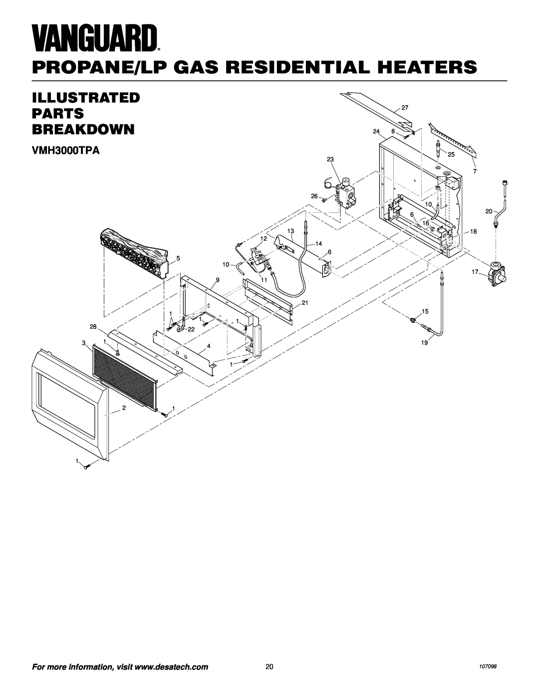Vanguard Heating VMH3000TPA installation manual Illustrated Parts Breakdown, Propane/Lp Gas Residential Heaters 