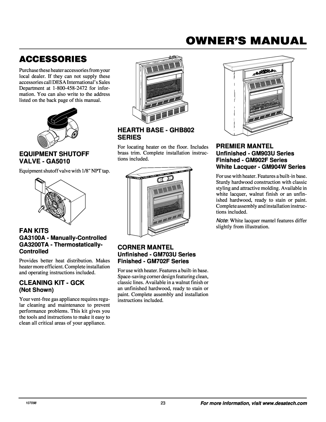 Vanguard Heating VMH3000TPA Accessories, EQUIPMENT SHUTOFF VALVE - GA5010, Fan Kits, Cleaning Kit - Gck, Corner Mantel 