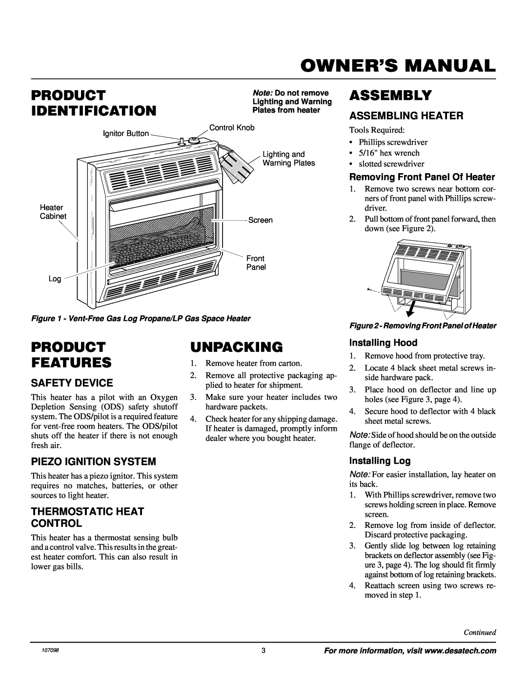 Vanguard Heating VMH3000TPA Product Identification, Assembly, Product Features, Unpacking, Assembling Heater, Continued 