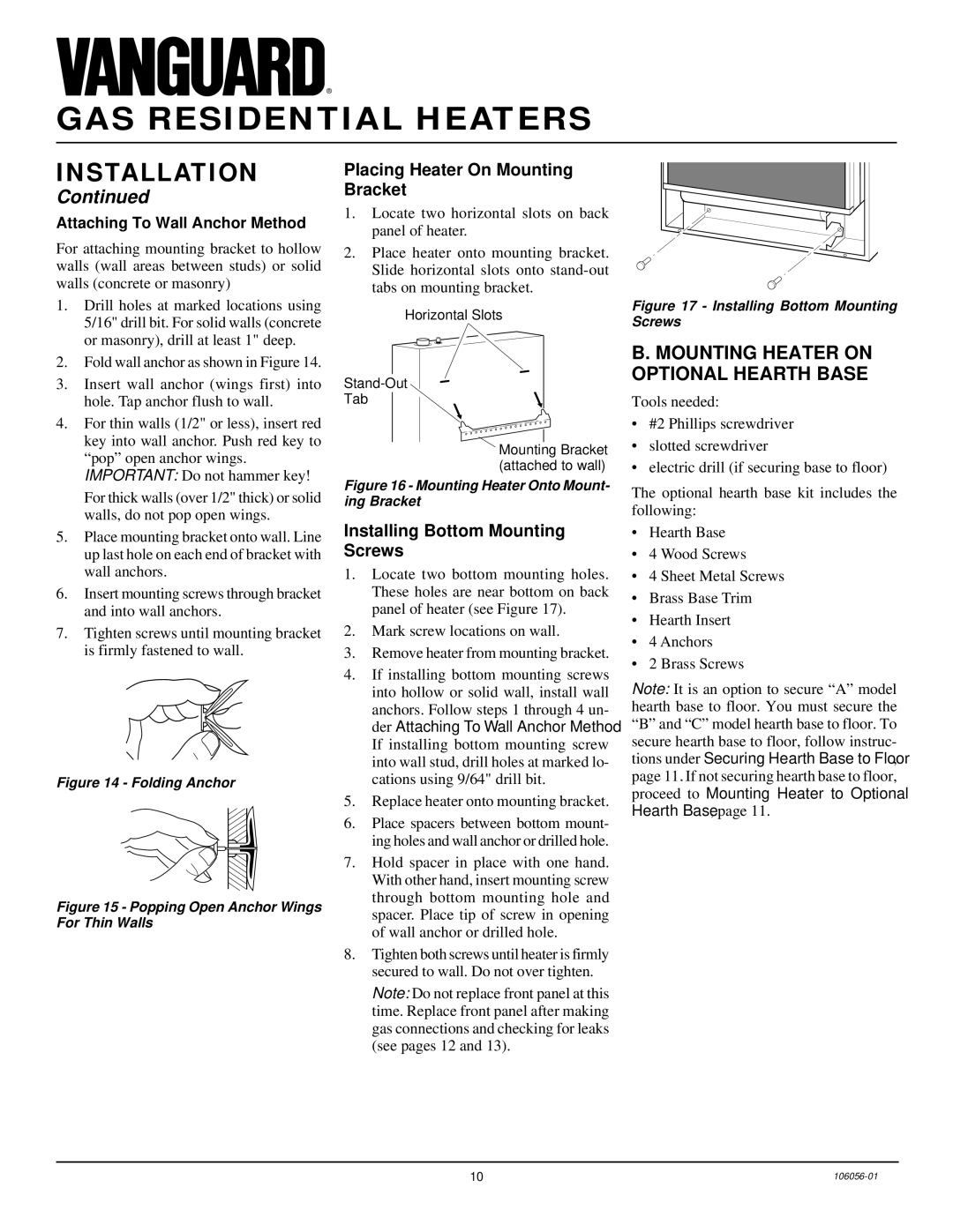 Vanguard Heating VMH3000TPS installation manual Mounting Heater on Optional Hearth Base, Placing Heater On Mounting Bracket 