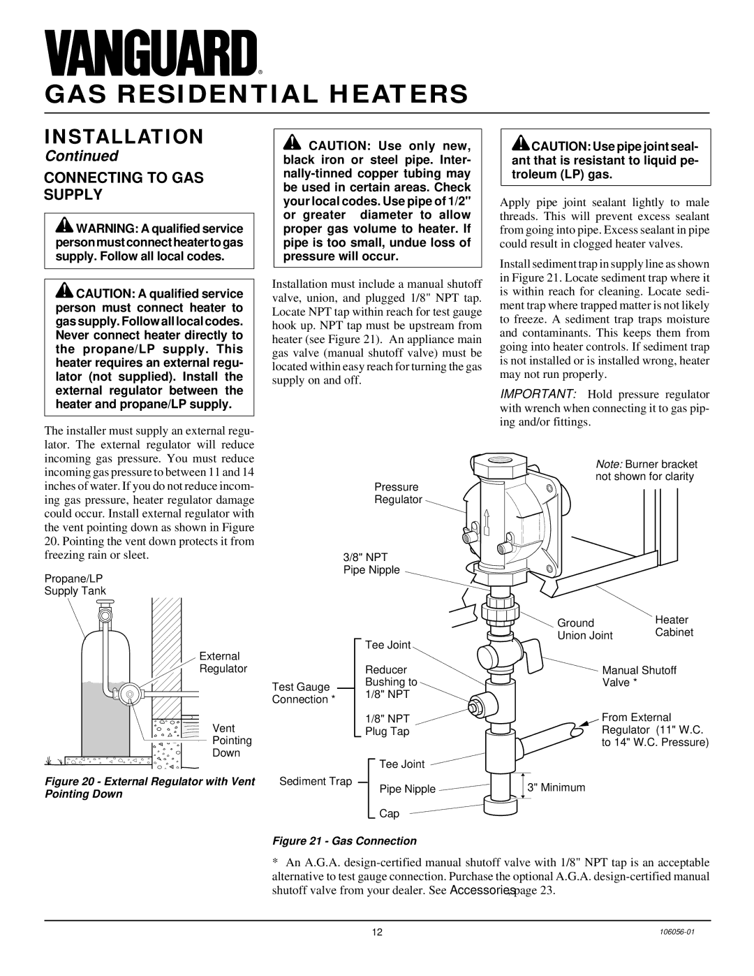 Vanguard Heating VMH3000TPS installation manual Connecting to GAS Supply, External Regulator with Vent Pointing Down 