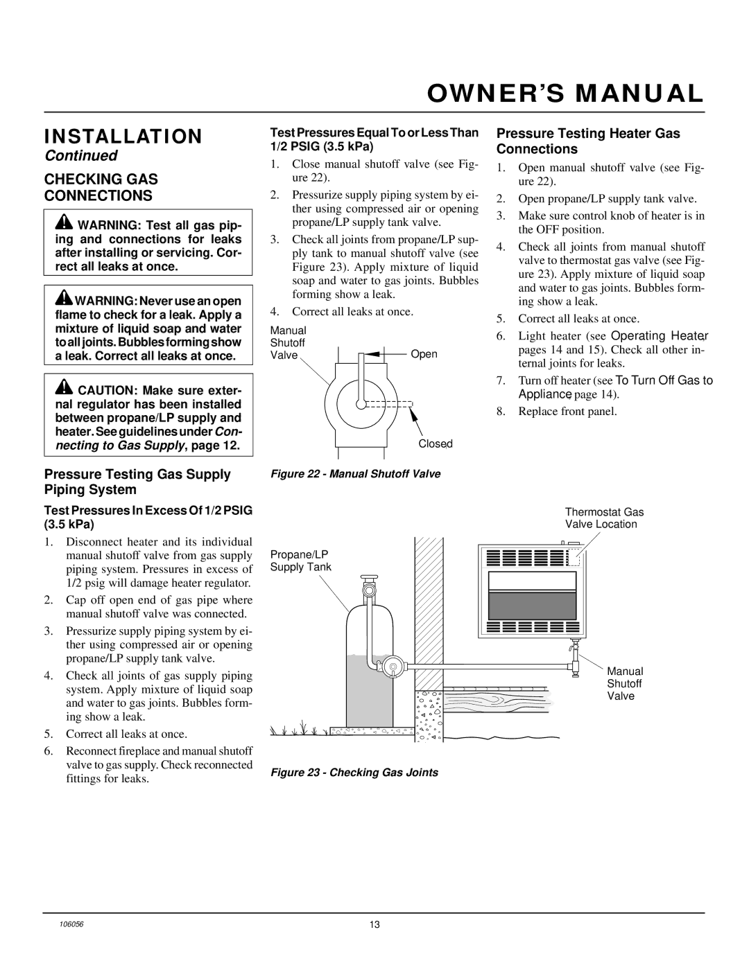 Vanguard Heating VMH3000TPS installation manual Checking GAS Connections, Pressure Testing Gas Supply Piping System 