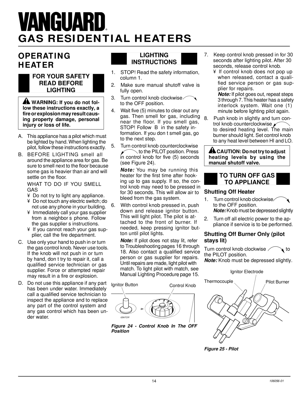 Vanguard Heating VMH3000TPS Operating Heater, For Your Safety Read Before Lighting, Lighting Instructions 