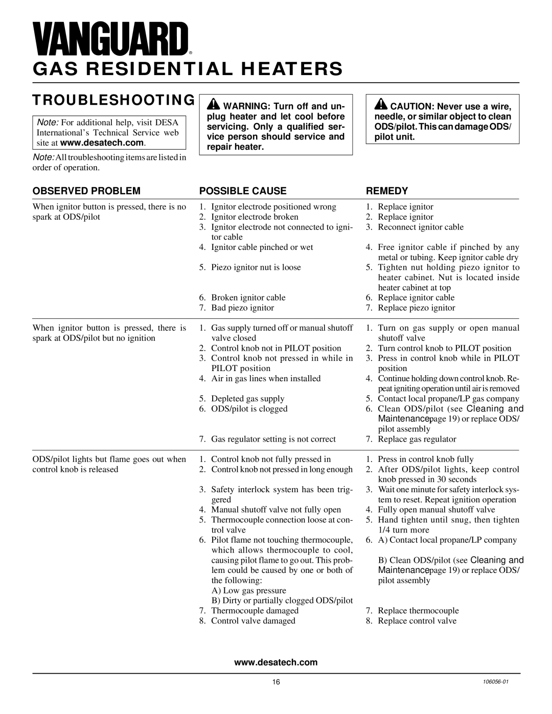 Vanguard Heating VMH3000TPS installation manual Troubleshooting, Pilot assembly, After ODS/pilot lights, keep control 