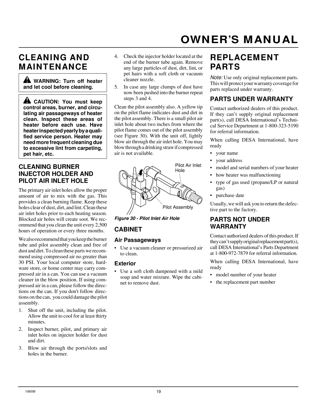 Vanguard Heating VMH3000TPS installation manual Cleaning and Maintenance, Replacement Parts 