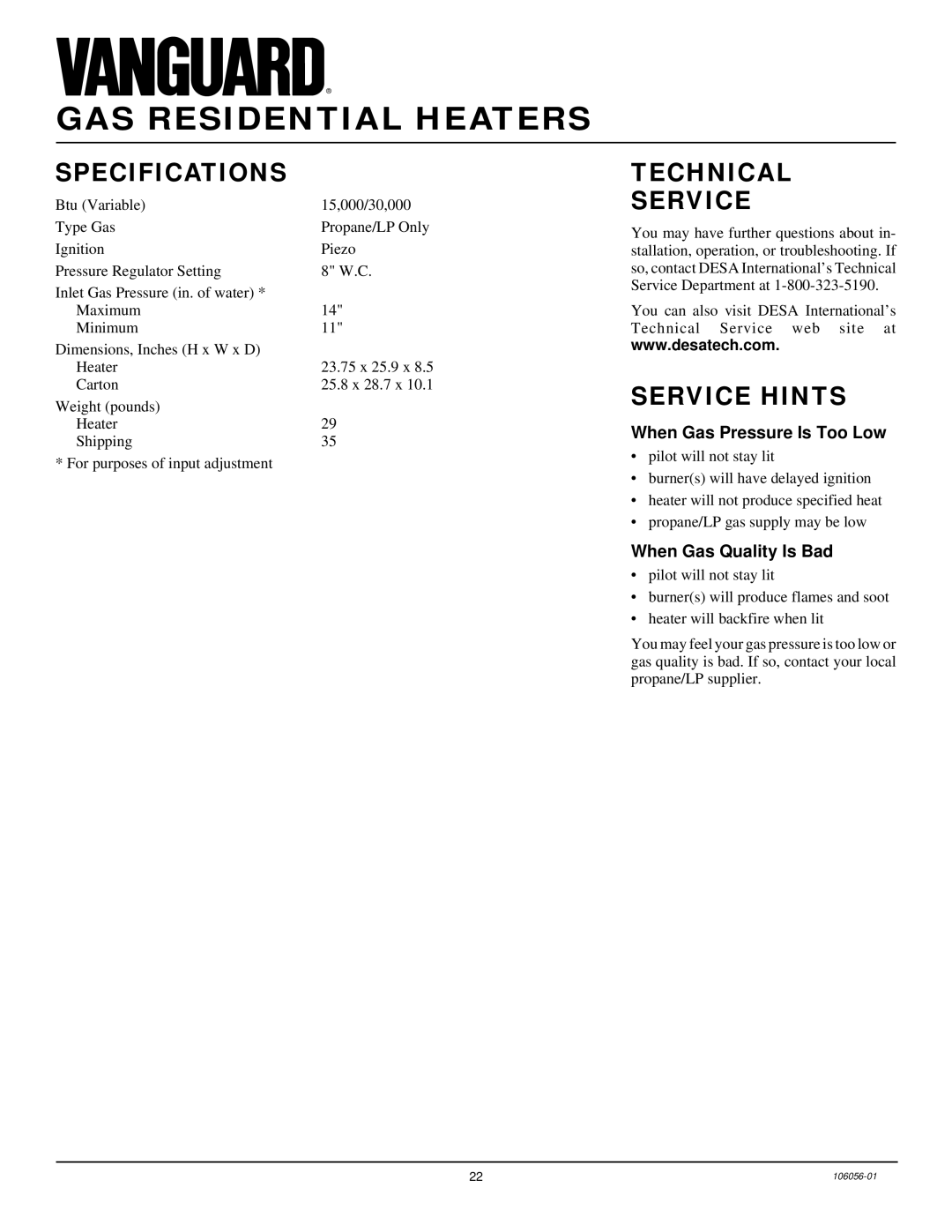 Vanguard Heating VMH3000TPS Specifications, Technical Service, Service Hints, When Gas Pressure Is Too Low 