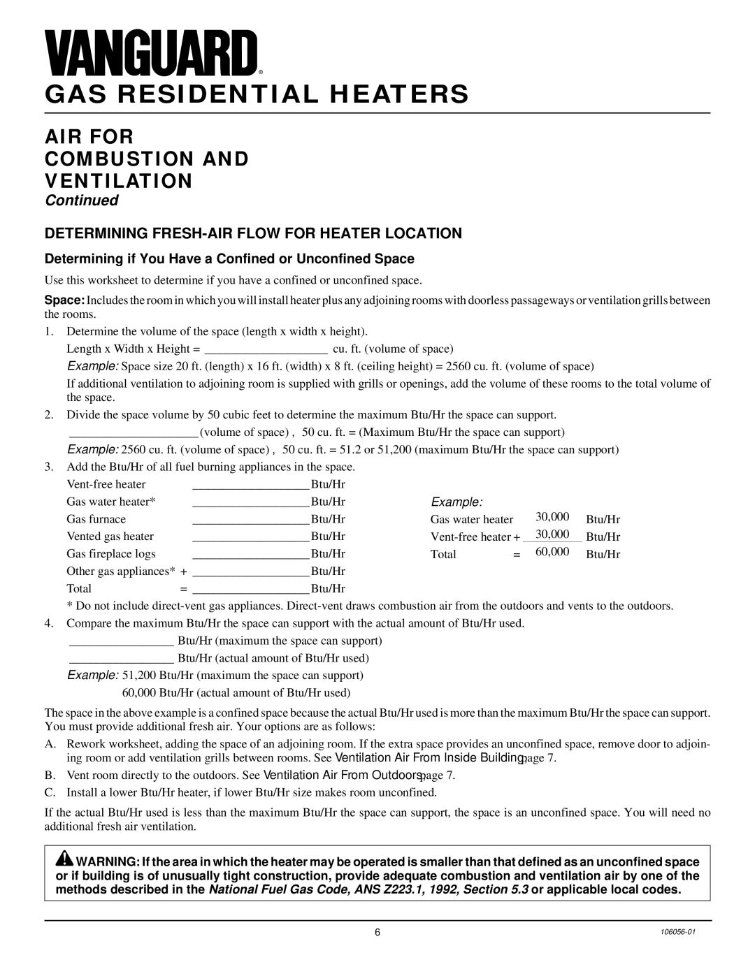 Vanguard Heating VMH3000TPS AIR for Combustion Ventilation, Determining FRESH-AIR Flow for Heater Location 