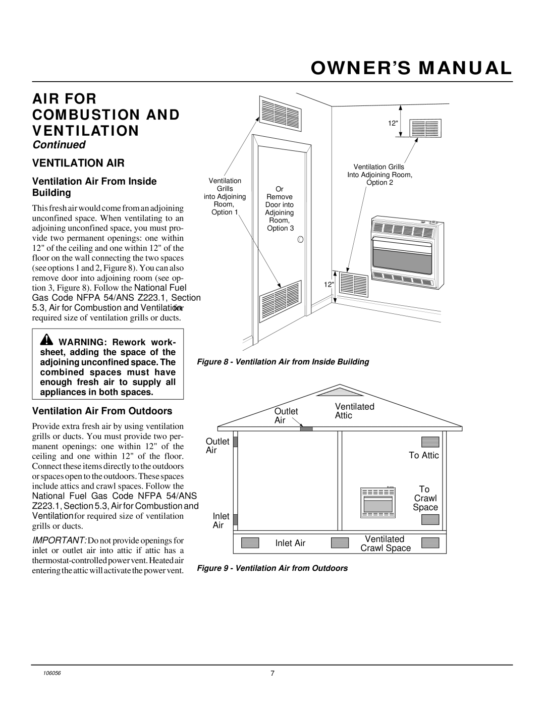 Vanguard Heating VMH3000TPS Ventilation AIR, Ventilation Air From Inside Building, Ventilation Air From Outdoors 