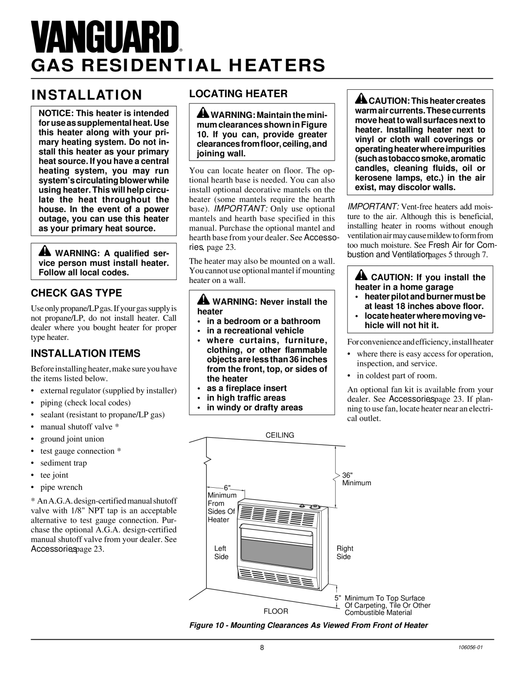 Vanguard Heating VMH3000TPS installation manual Check GAS Type, Installation Items, Locating Heater 