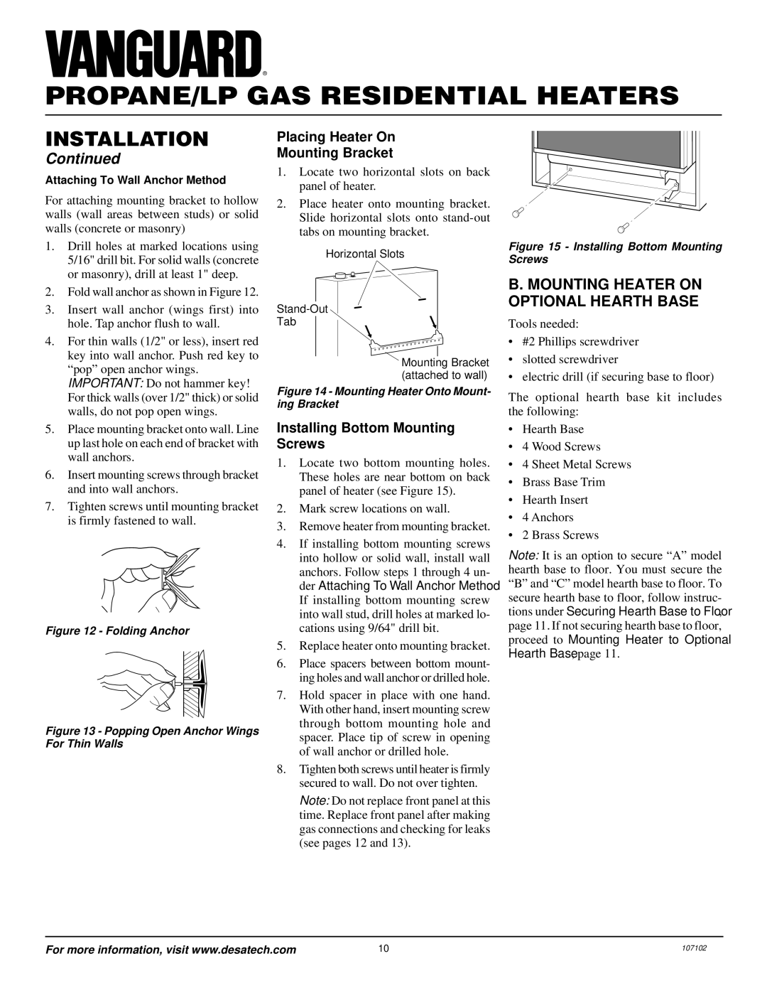 Vanguard Heating VMH3000TPSA Mounting Heater on Optional Hearth Base, Placing Heater On Mounting Bracket 