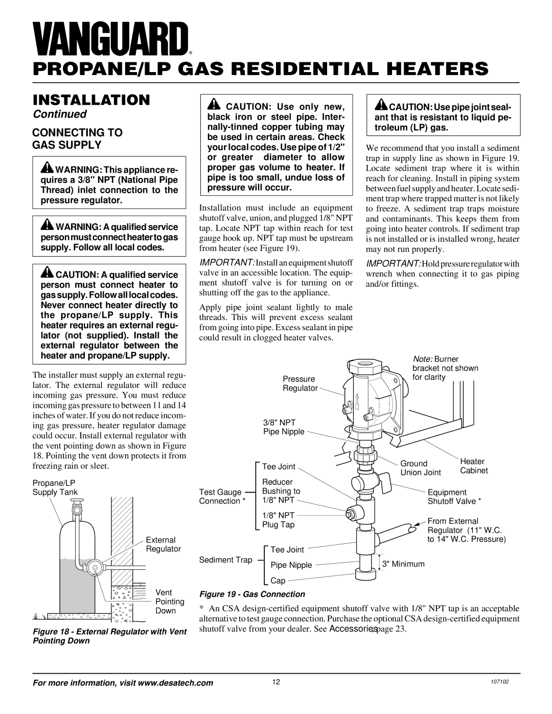 Vanguard Heating VMH3000TPSA installation manual Connecting to GAS Supply, External Regulator with Vent Pointing Down 