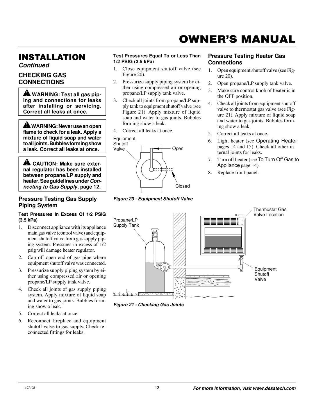 Vanguard Heating VMH3000TPSA installation manual Checking GAS Connections, Pressure Testing Gas Supply Piping System 